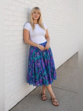 Vintage Midi Skirt 90s Blue Floral Flowy 1990s Feminine Pretty Cottagecore Large